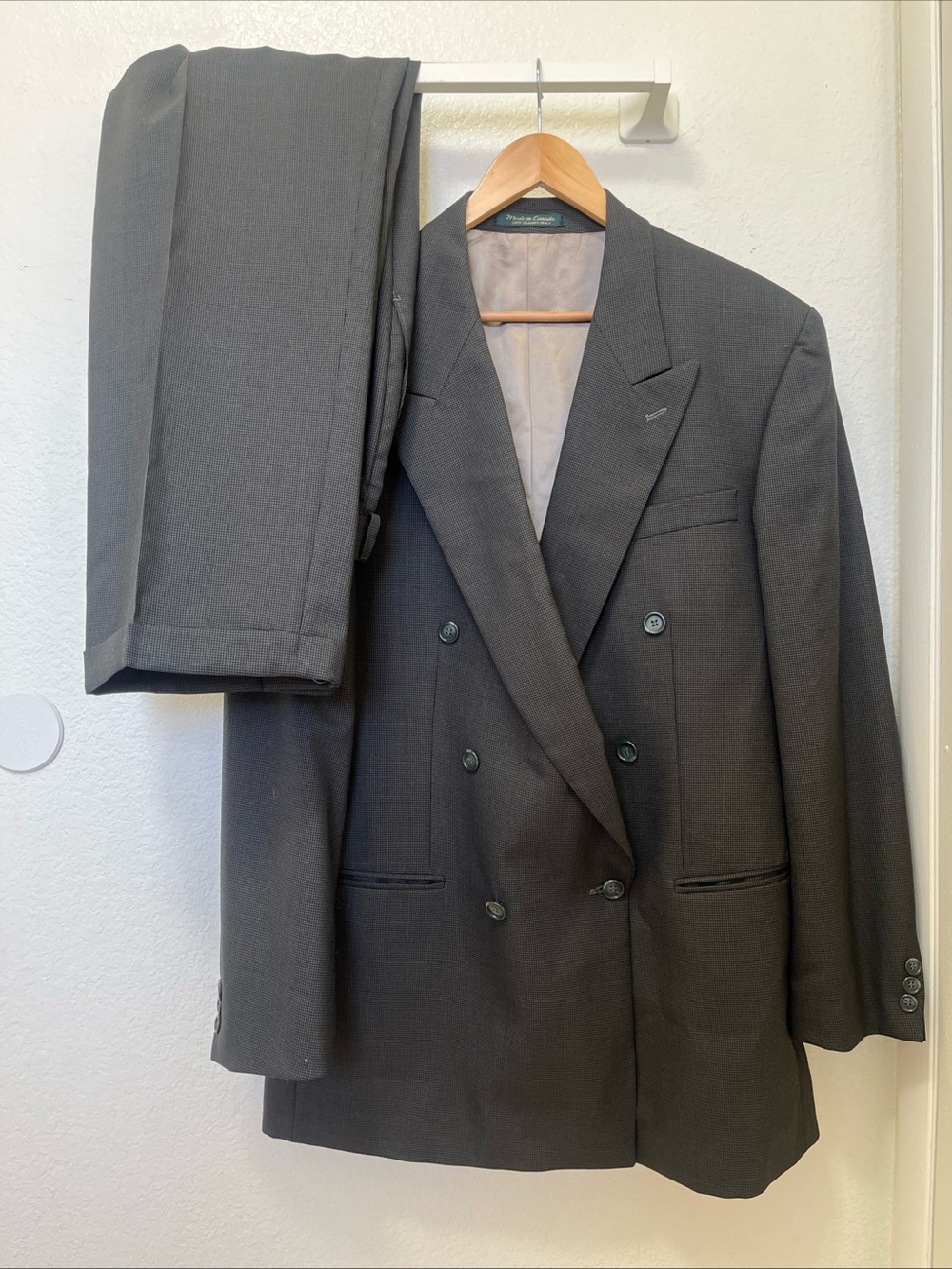 VTG Kasper Double Breasted Dark Green Mini-Houndstooth Suit Mens 44R 35x29